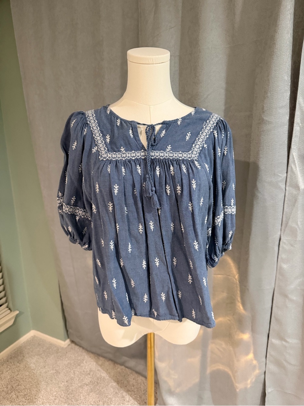 Old Navy Navy Blue Embroidered Peasant Blouse